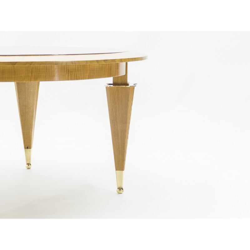 Vintage coffee table in flamed ashwood and brass by André Arbus, 1940