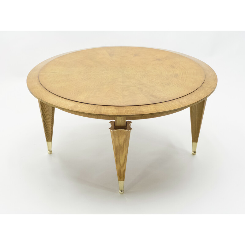 Vintage coffee table in flamed ashwood and brass by André Arbus, 1940