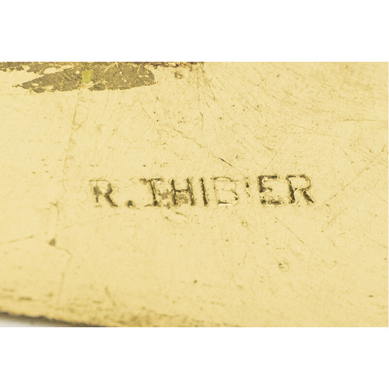 Tavolo vintage con piedistallo in ferro dorato e vetro di Roger Thibier, 1960