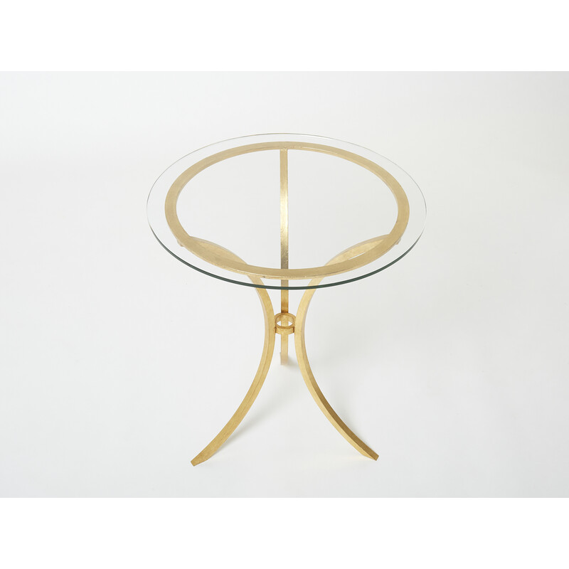 Tavolo vintage con piedistallo in ferro dorato e vetro di Roger Thibier, 1960