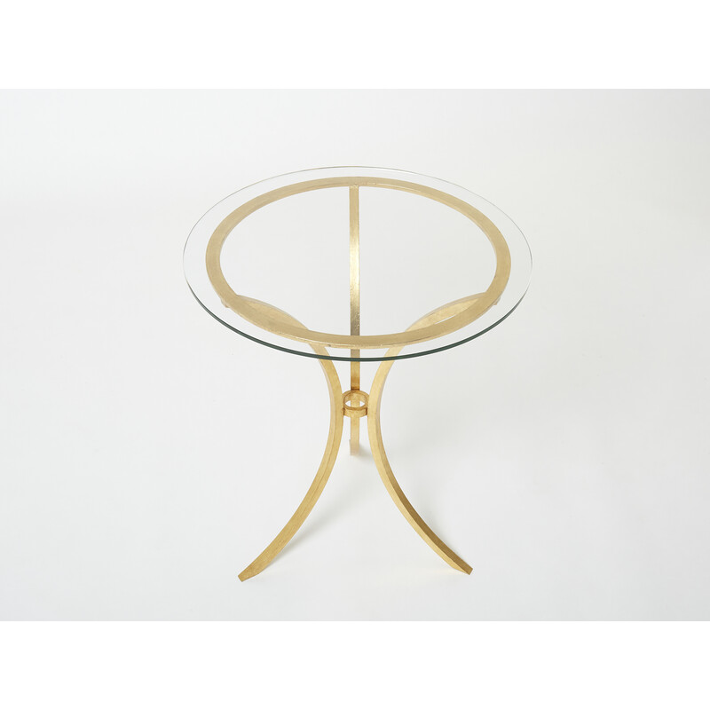 Vintage gilded iron and glass pedestal table by Roger Thibier, 1960