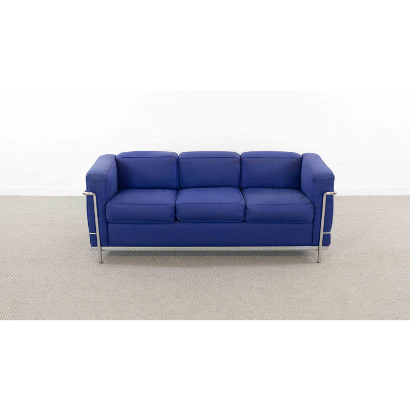 Vintage 3-Sitzer-Sofa Lc2 in blauen Stoffen von Charlotte Perriand und Le Corbusier für Cassina, Italien
