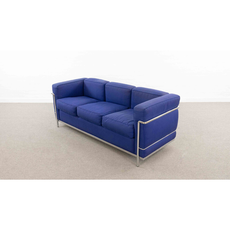 Vintage Lc2 3 seat sofa in blue fabrics by Charlotte Perriand and Le Corbusier for Cassina, Italy