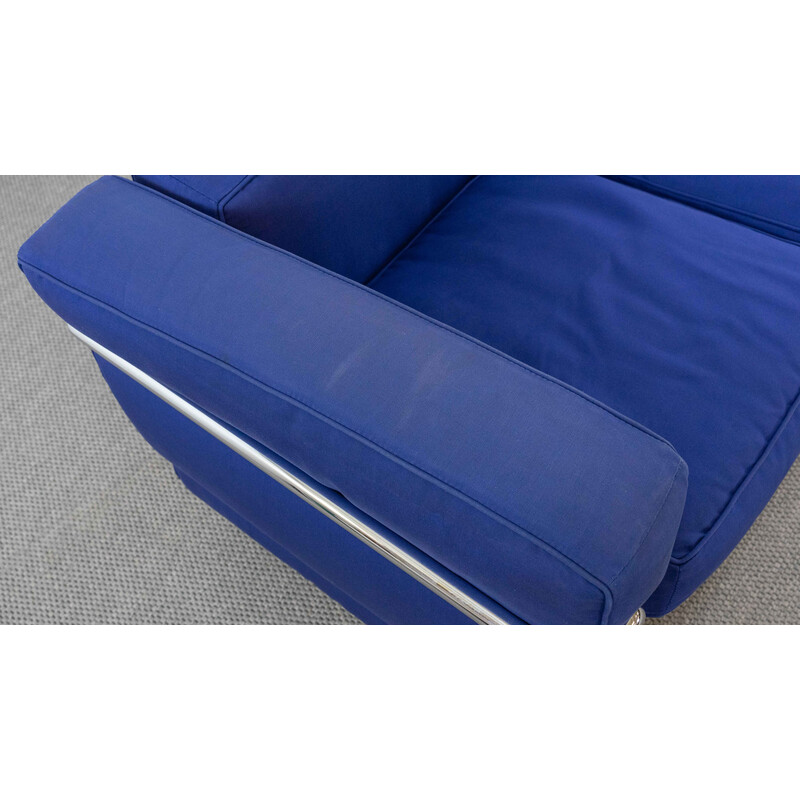 Vintage 3-Sitzer-Sofa Lc2 in blauen Stoffen von Charlotte Perriand und Le Corbusier für Cassina, Italien