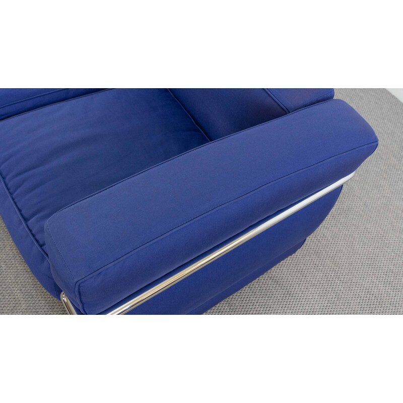 Vintage 3-Sitzer-Sofa Lc2 in blauen Stoffen von Charlotte Perriand und Le Corbusier für Cassina, Italien