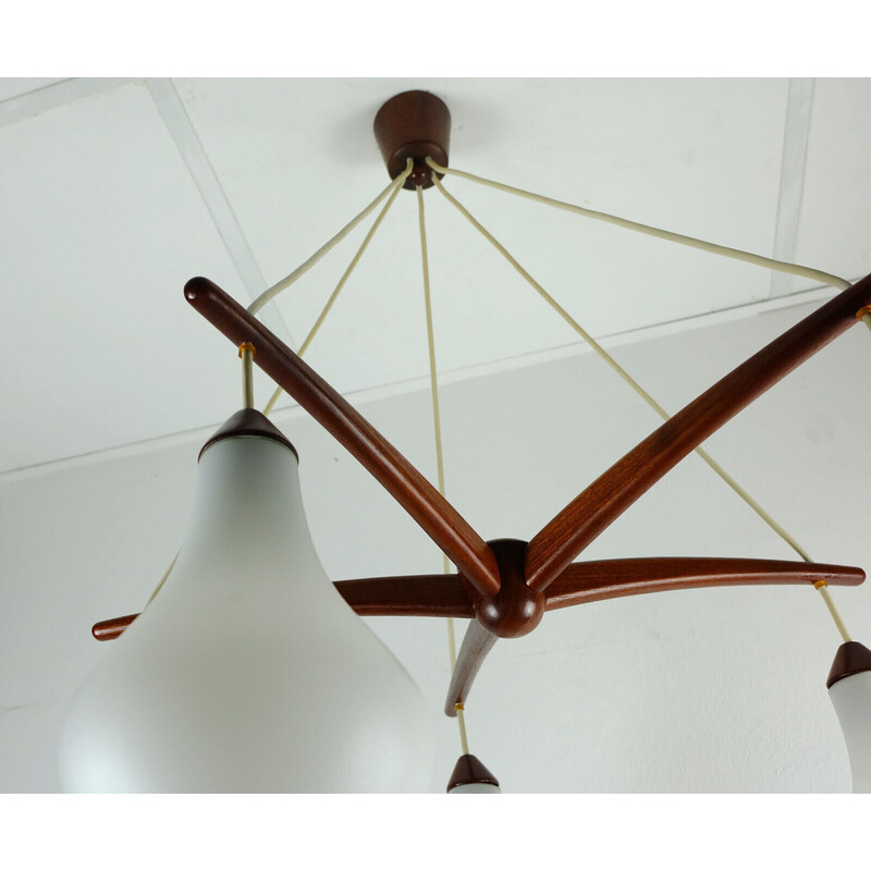 Danish vintage 5-light chandelier in teak and opaline glass, 1950-1960s