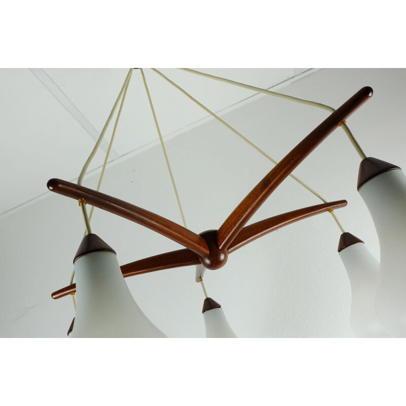 Danish vintage 5-light chandelier in teak and opaline glass, 1950-1960s