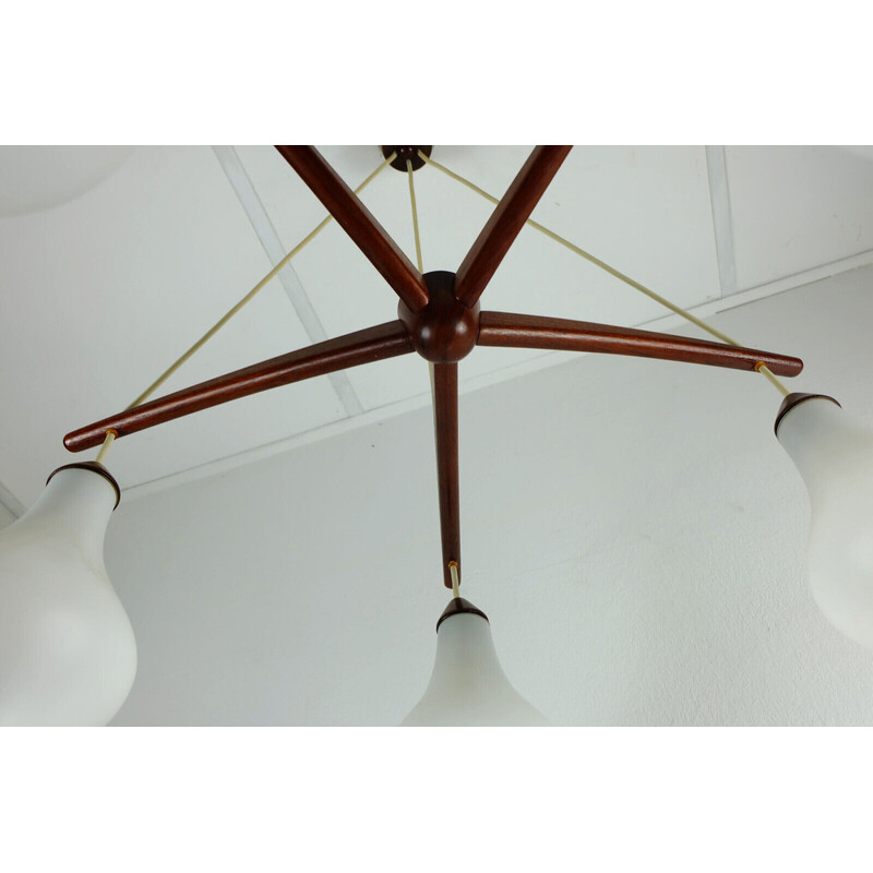 Danish vintage 5-light chandelier in teak and opaline glass, 1950-1960s