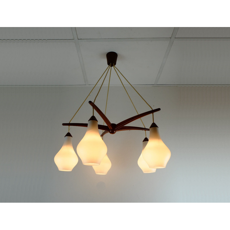 Danish vintage 5-light chandelier in teak and opaline glass, 1950-1960s