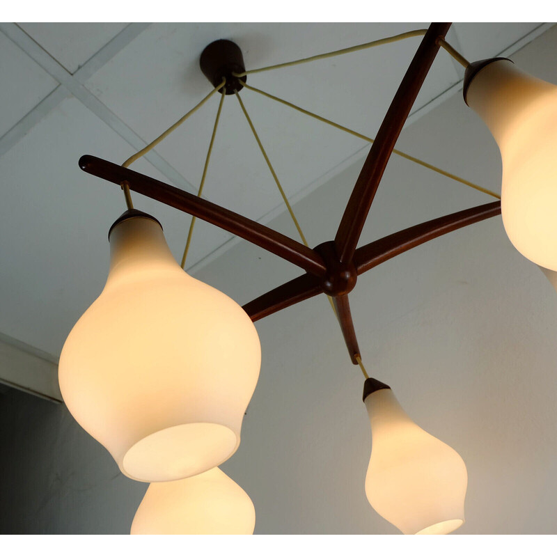 Danish vintage 5-light chandelier in teak and opaline glass, 1950-1960s