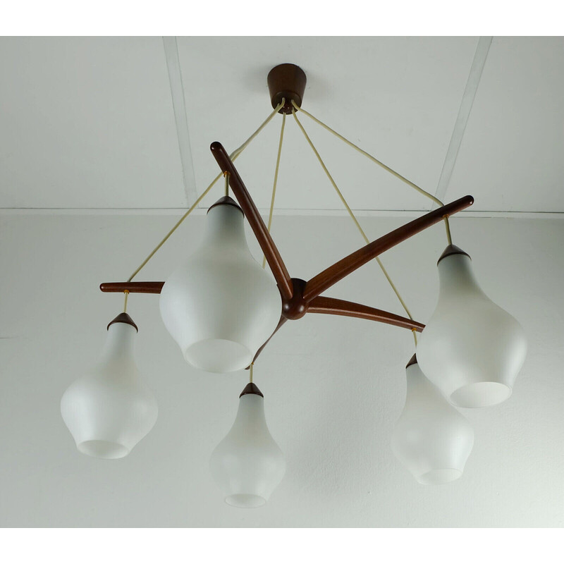 Danish vintage 5-light chandelier in teak and opaline glass, 1950-1960s