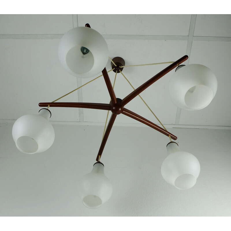 Danish vintage 5-light chandelier in teak and opaline glass, 1950-1960s