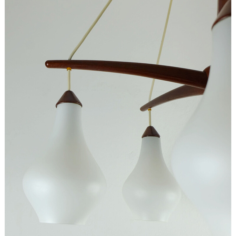 Danish vintage 5-light chandelier in teak and opaline glass, 1950-1960s