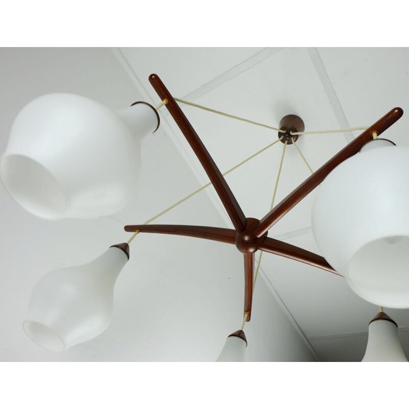 Danish vintage 5-light chandelier in teak and opaline glass, 1950-1960s