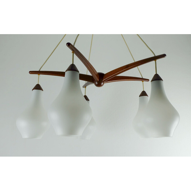 Danish vintage 5-light chandelier in teak and opaline glass, 1950-1960s