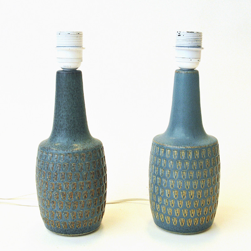 Paar vintage Deense tafellampen in blauw steengoed van Einar Johansen voor Søholm Keramik, 1970