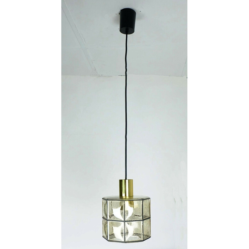 Vintage hanglamp met achthoekige glazen kap van Glashuette Limburg, West-Duitsland 1960
