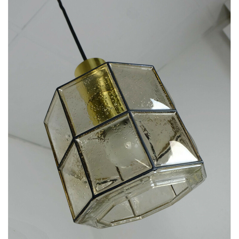 Vintage hanglamp met achthoekige glazen kap van Glashuette Limburg, West-Duitsland 1960