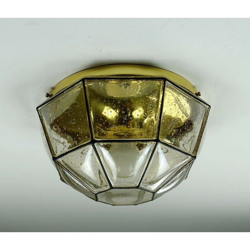 Vintage ceiling lamp in bubble glass shade and brass by Glashuette Limburg, West-Germany 1960-1970s