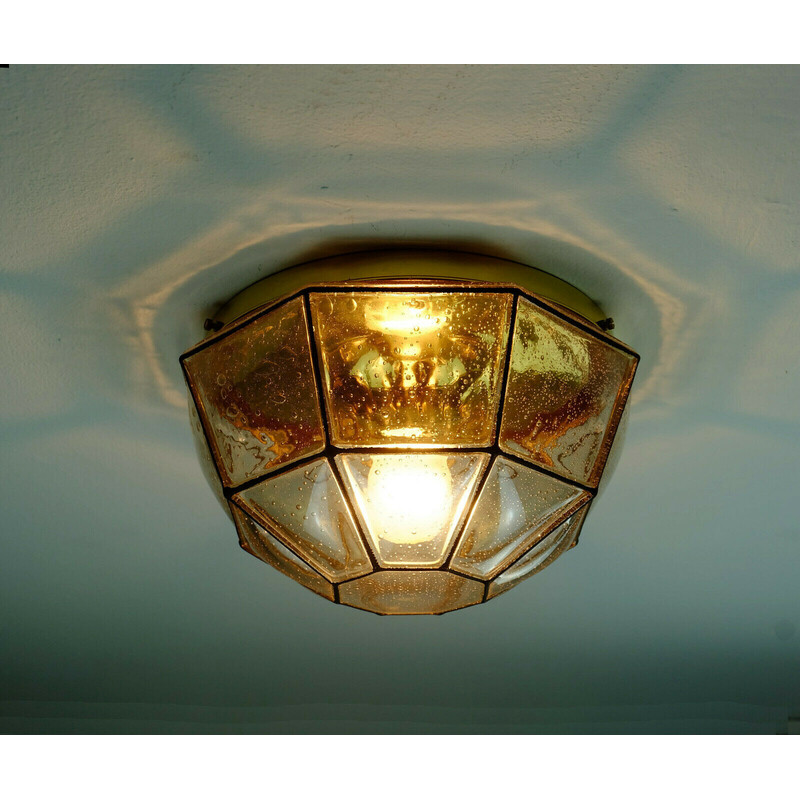 Vintage ceiling lamp in bubble glass shade and brass by Glashuette Limburg, West-Germany 1960-1970s