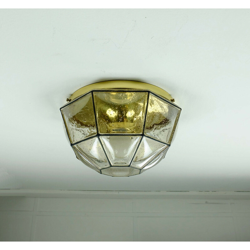 Vintage plafondlamp in bubbelglazen kap en messing van Glashuette Limburg, West-Duitsland 1960-1970