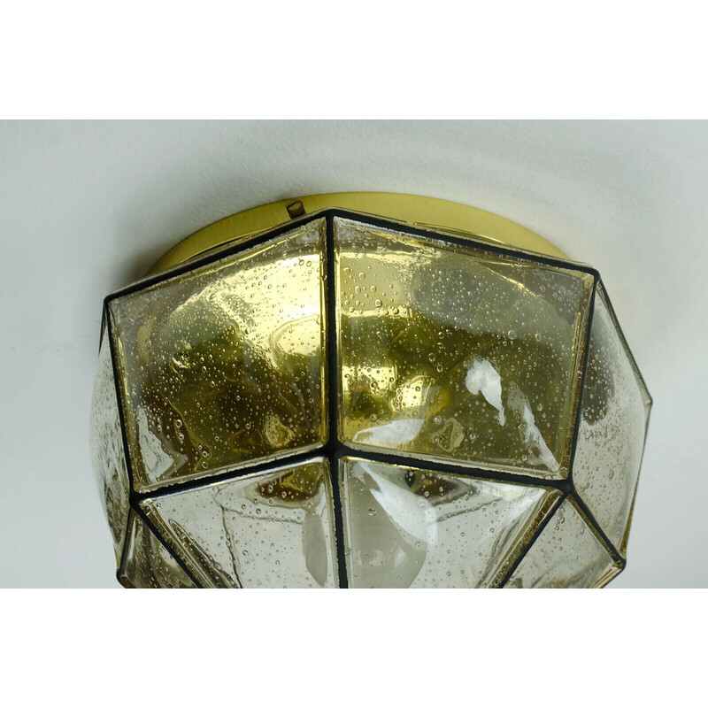 Vintage plafondlamp in bubbelglazen kap en messing van Glashuette Limburg, West-Duitsland 1960-1970