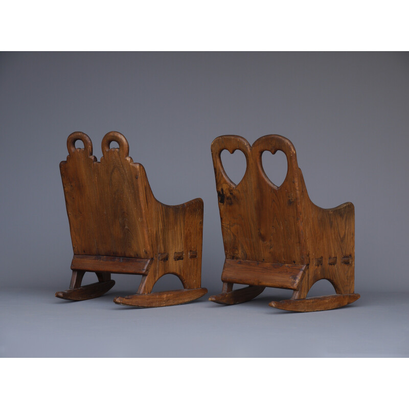Pair of Scandinavian vintage elm wood childrens' rocking chairs