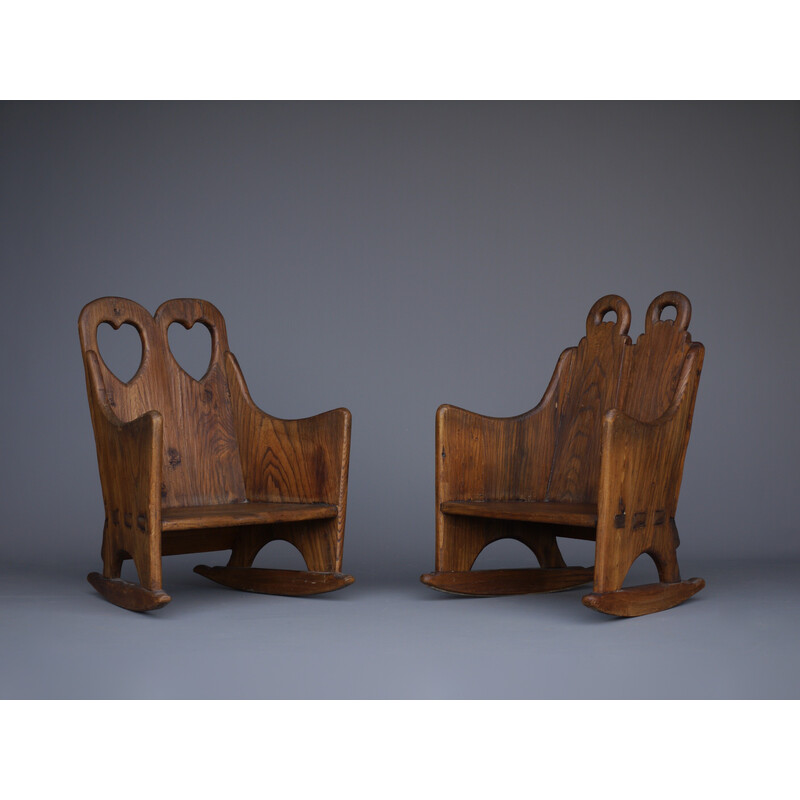 Paar Scandinavische vintage iepenhouten schommelstoelen voor kinderen