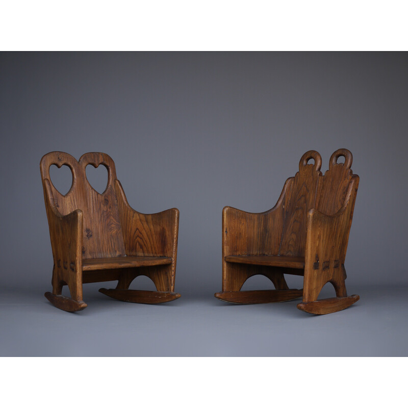 Pair of Scandinavian vintage elm wood childrens' rocking chairs