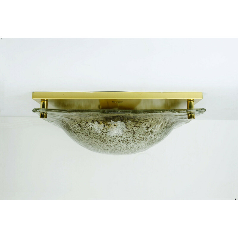 Vintage ice glass and brass ceiling lamp by Kaiser Leuchten, 1970s