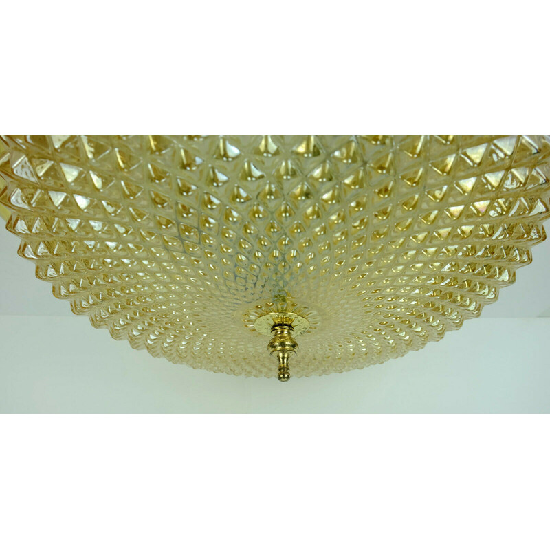 Mid century ceiling lamp in textured amber glass and brass, 1970s