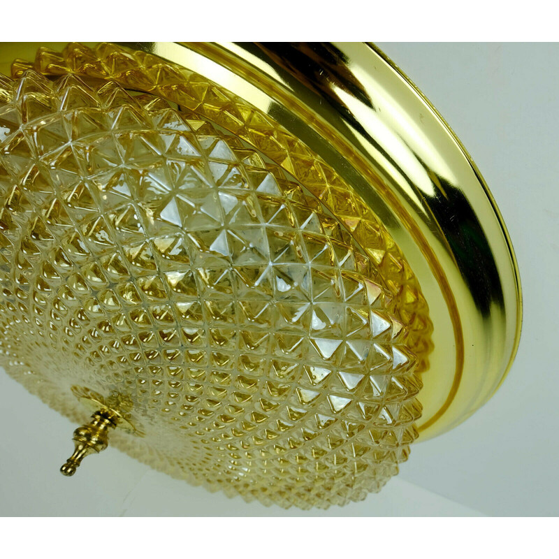 Mid century ceiling lamp in textured amber glass and brass, 1970s