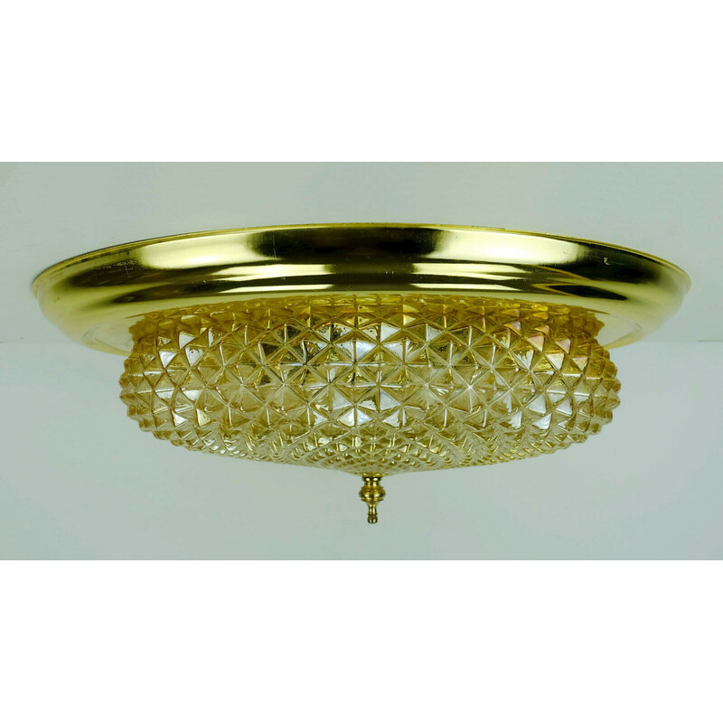 Mid century ceiling lamp in textured amber glass and brass, 1970s