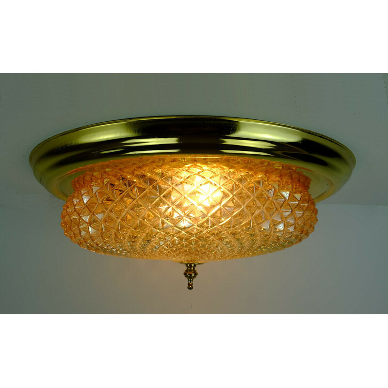 Mid century ceiling lamp in textured amber glass and brass, 1970s