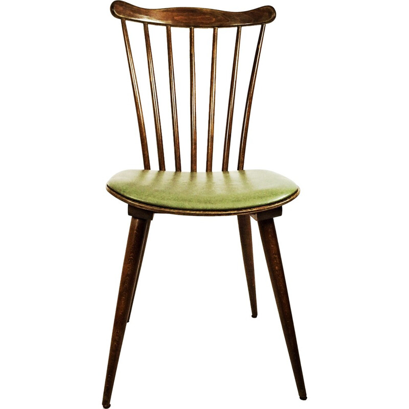 Chaise vintage en bois et simili cuir vert - 1960
