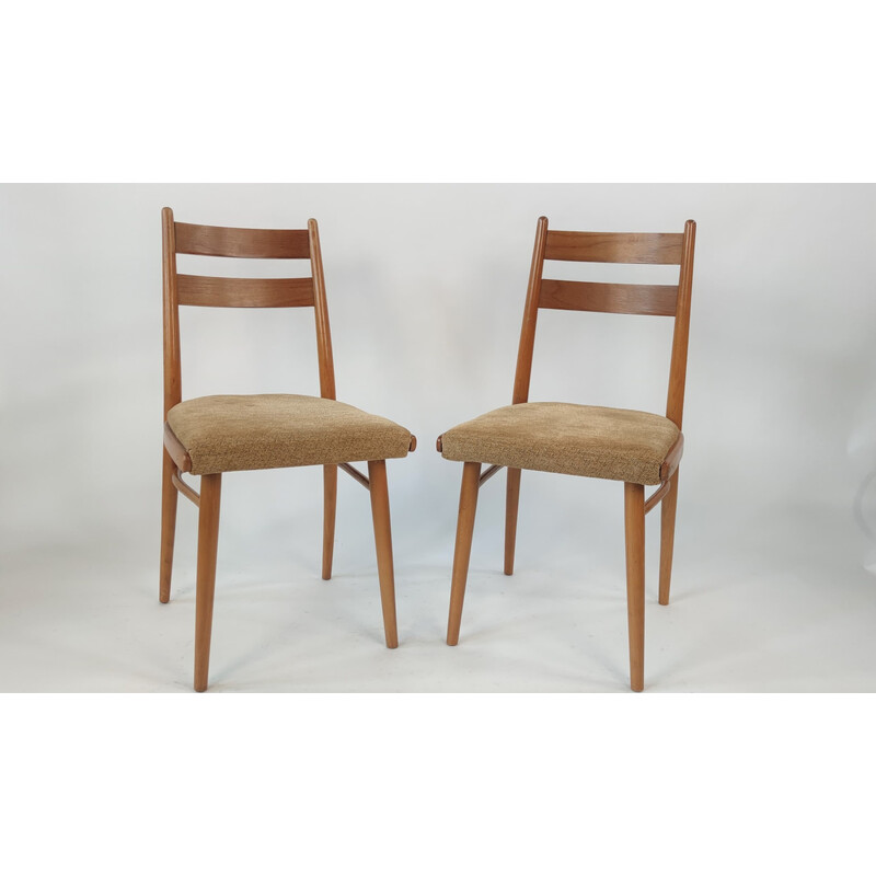 Pair of mid century dining chairs in beige fabric, Czechoslovakia 1970s