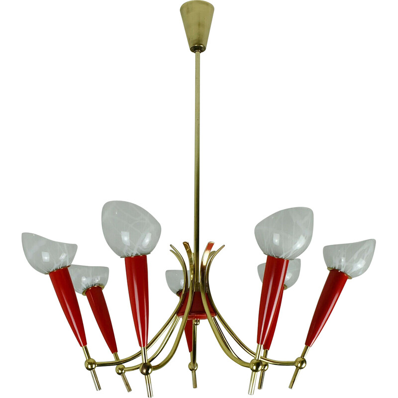 Mid century chandelier in brass, red plastic and glass shades, 1950s