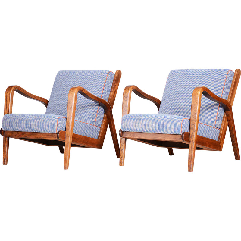 Pair of mid century ashwood armchairs with upholstery by Jan Vanek, Czechia 1940s