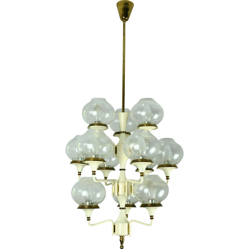 Lampadario vintage in metallo, ottone e 12 paralumi in vetro crepla, 1960