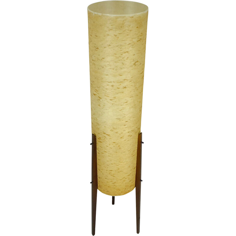 Mid century tripod rocket floor lamp in fiberglass shade and wood, 1960s