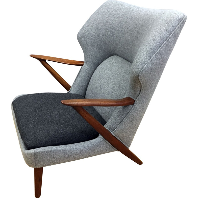 Fauteuil gris Slagelse Mobelvaerk en teck, Kurt OLSEN - 1950