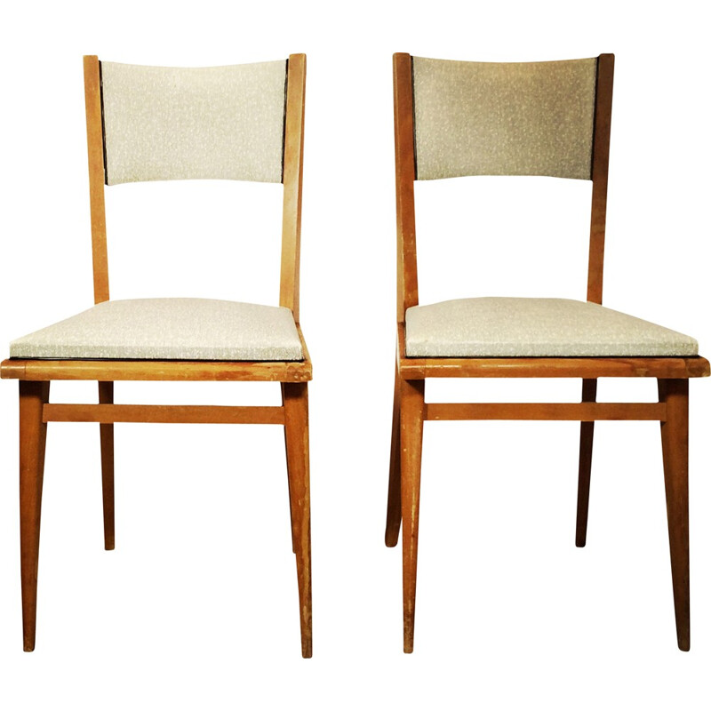 Pair of two grey vinyl and wood dinning chairs - 1960s