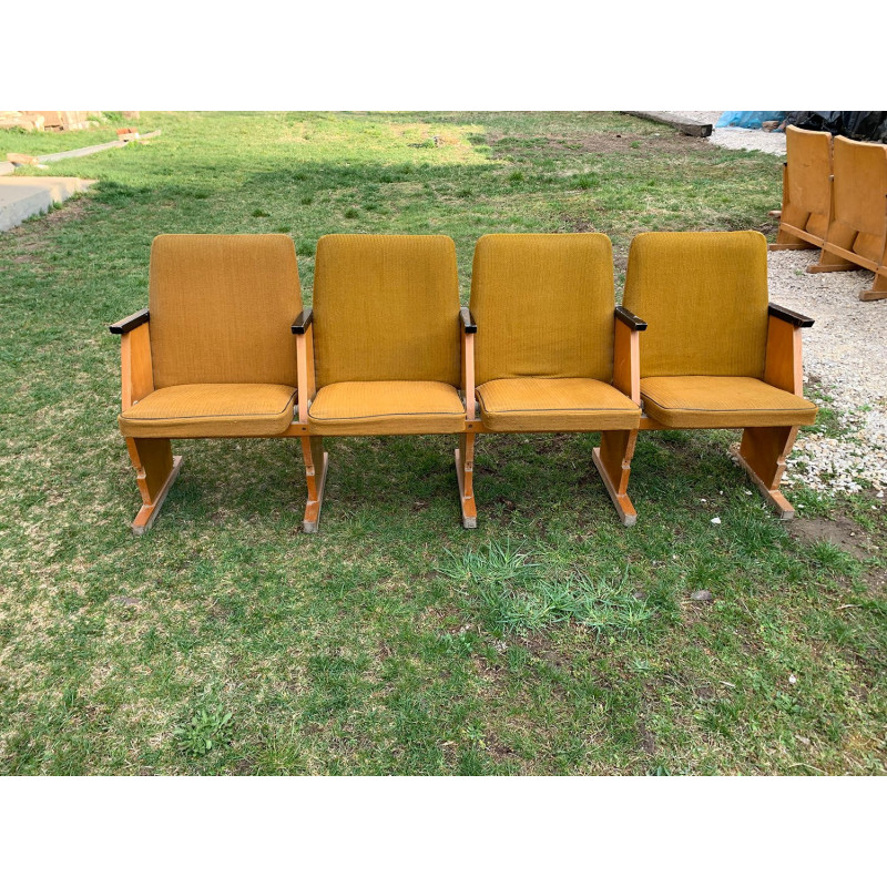 Vintage Hungarian cinema bench with 4 seats in ochre, 1950
