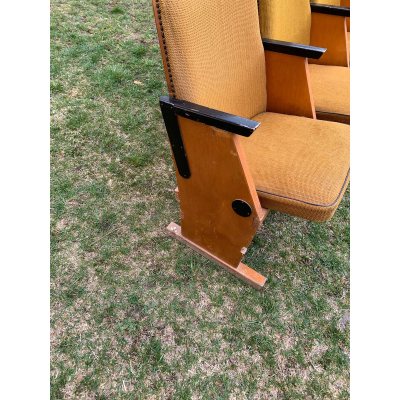 Vintage Hungarian cinema bench with 4 seats in ochre, 1950