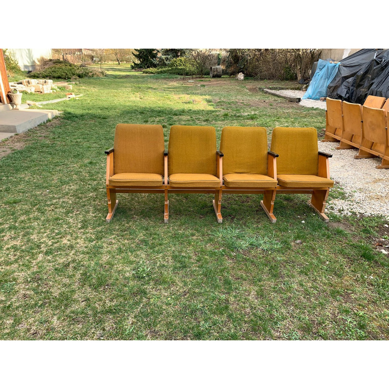 Vintage Hungarian cinema bench with 4 seats in ochre, 1950