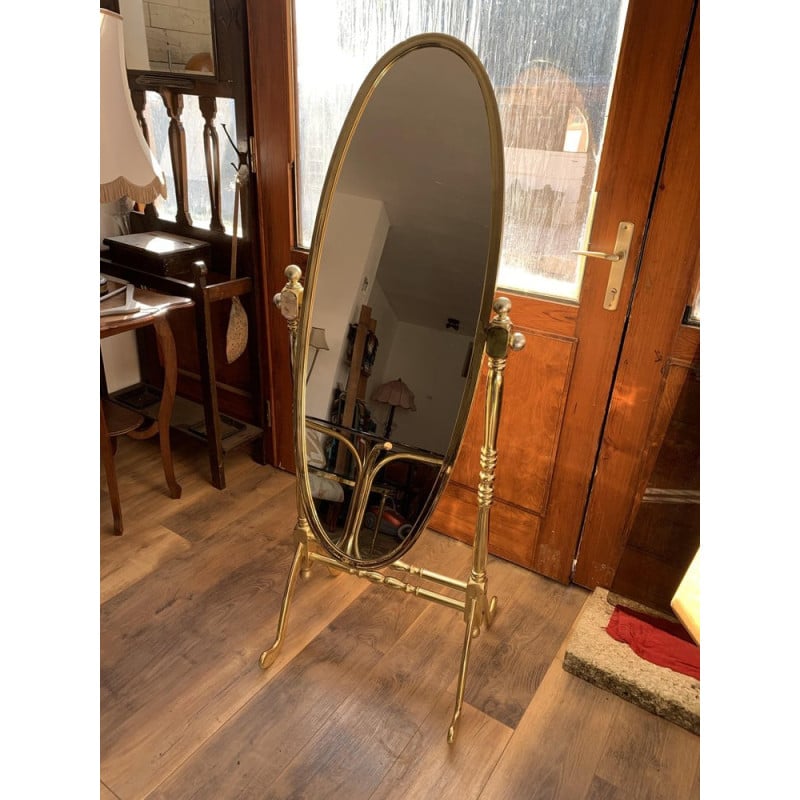 Vintage Italian brass standing cheval mirror with oval frame, 1960s