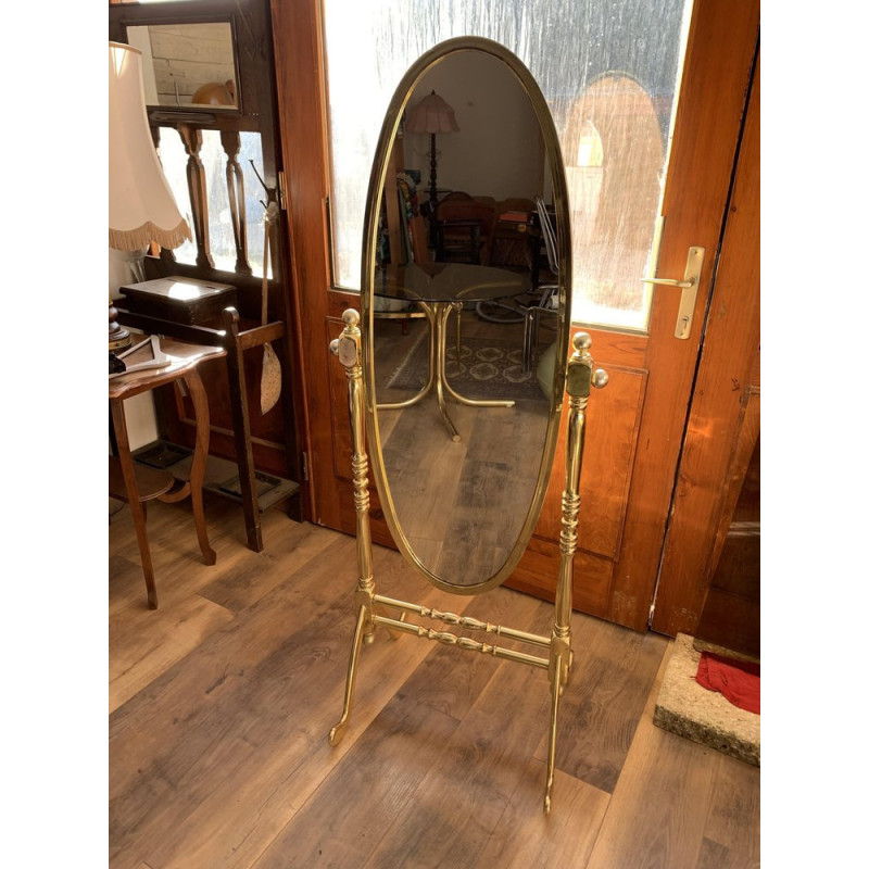 Vintage Italian brass standing cheval mirror with oval frame, 1960s