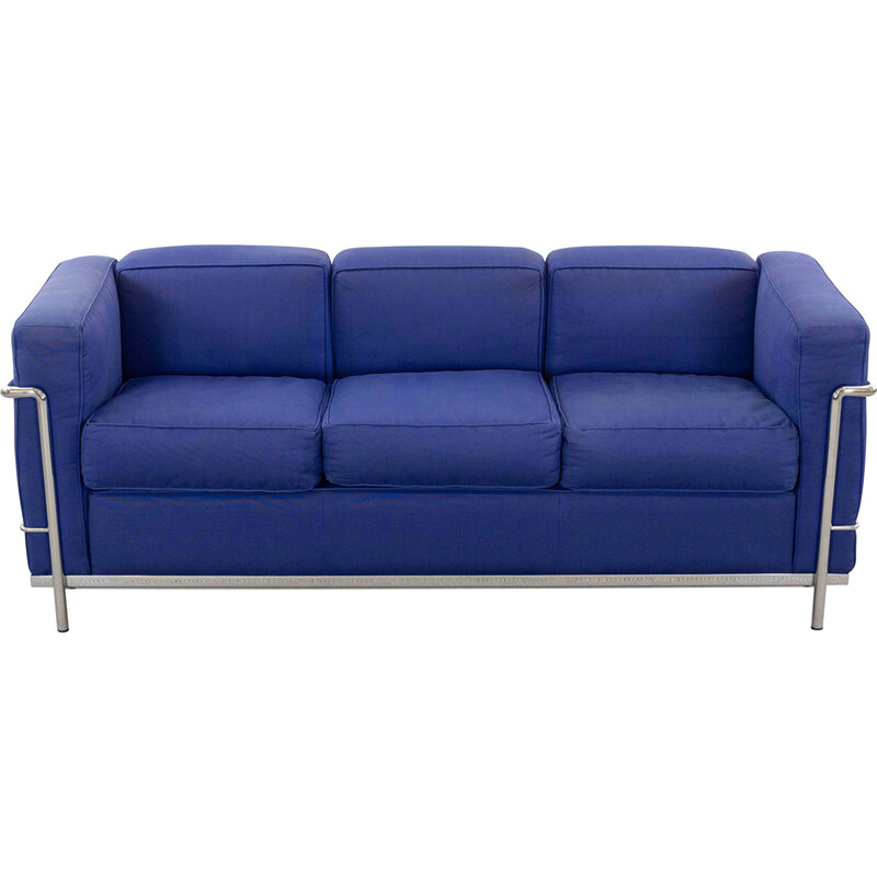 Vintage Lc2 3 seat sofa in blue fabrics by Charlotte Perriand and Le Corbusier for Cassina, Italy