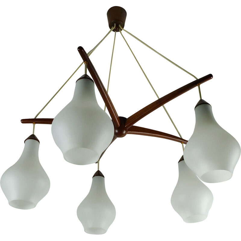 Danish vintage 5-light chandelier in teak and opaline glass, 1950-1960s