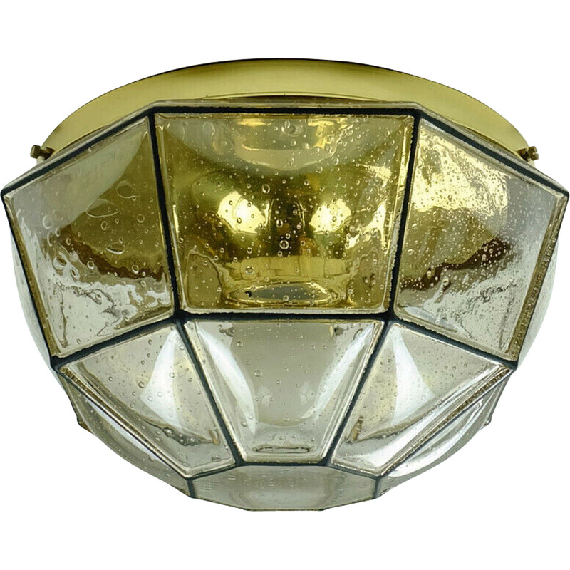 Vintage plafondlamp in bubbelglazen kap en messing van Glashuette Limburg, West-Duitsland 1960-1970
